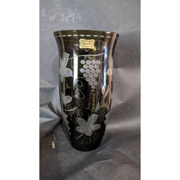 Egermann Bohemian Czech Olive Green Floral Etched Glass Vase Cut To Clear 9 Inch - Picture 5 of 10